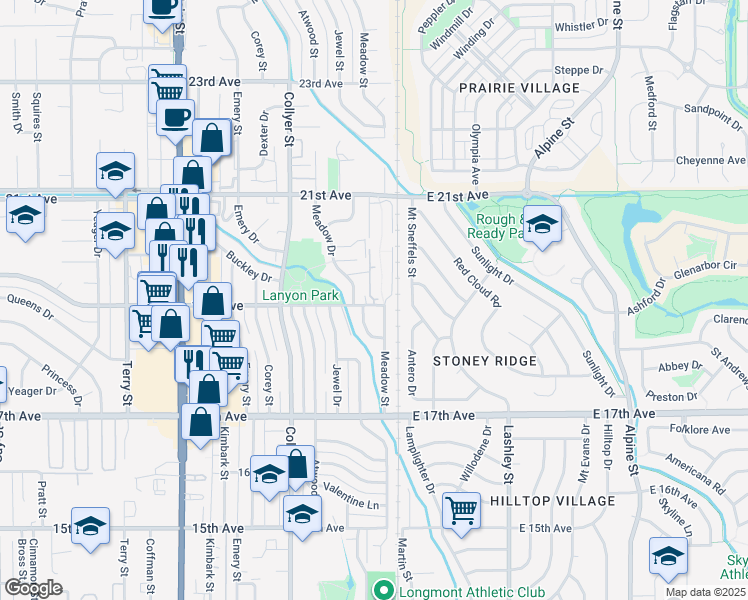 map of restaurants, bars, coffee shops, grocery stores, and more near 1908 Meadow Drive in Longmont