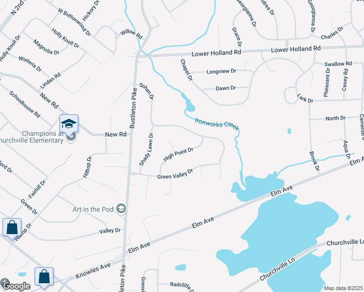 map of restaurants, bars, coffee shops, grocery stores, and more near 68 High Point Drive in Churchville