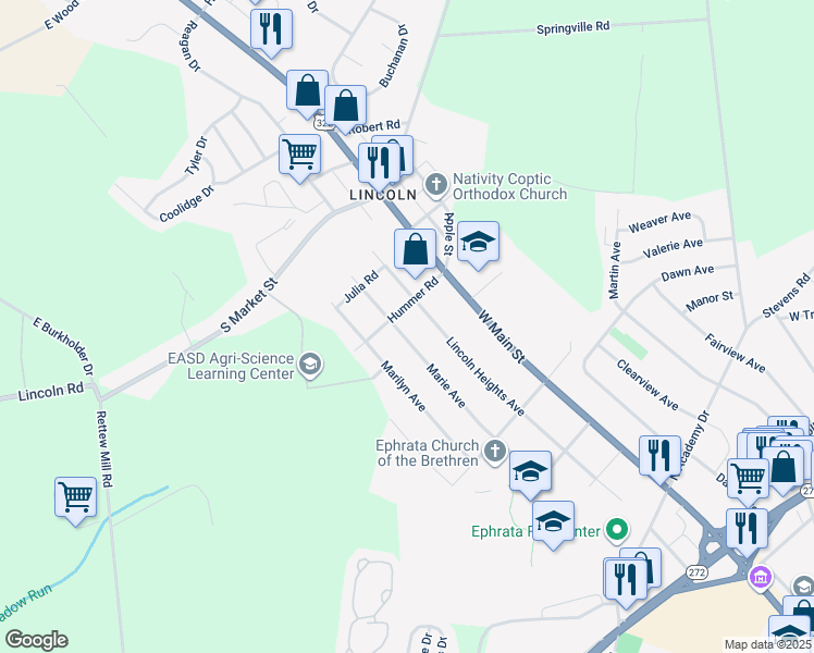 map of restaurants, bars, coffee shops, grocery stores, and more near 1247 Marie Ave in Ephrata