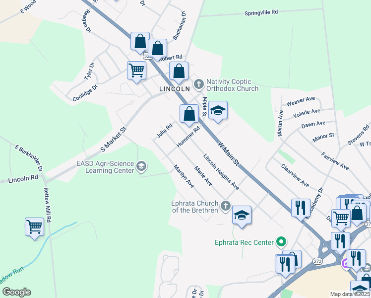 map of restaurants, bars, coffee shops, grocery stores, and more near 1247 Marie Ave in Ephrata