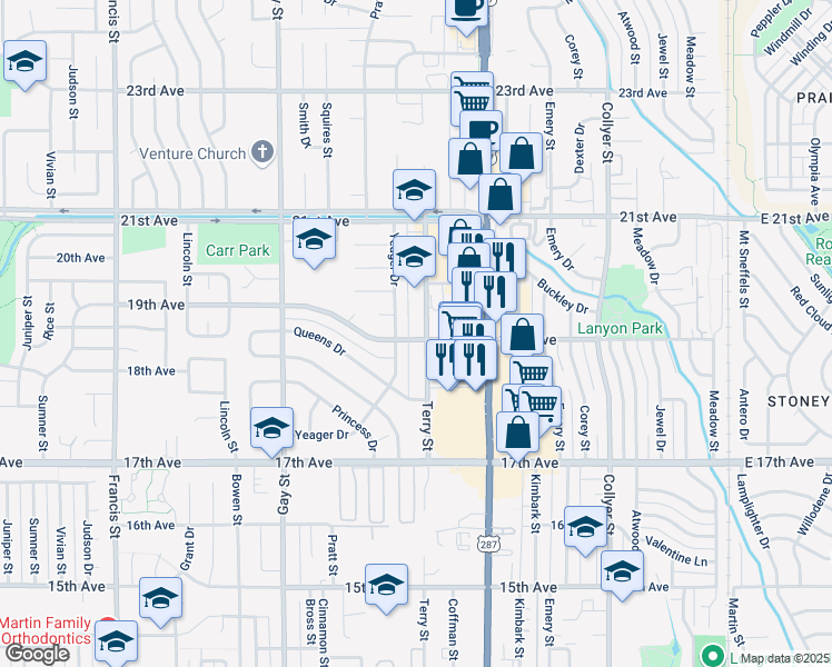 map of restaurants, bars, coffee shops, grocery stores, and more near 1901 Terry Street in Longmont