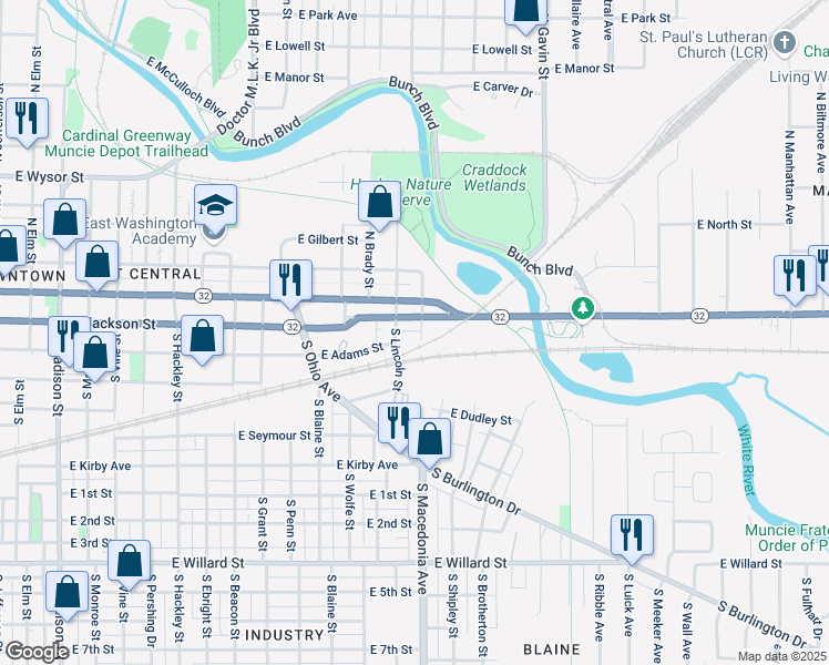 map of restaurants, bars, coffee shops, grocery stores, and more near 215 South Macedonia Avenue in Muncie