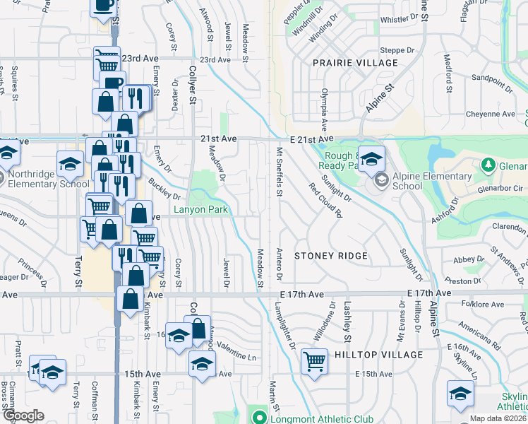 map of restaurants, bars, coffee shops, grocery stores, and more near 1881 Mount Sneffels Street in Longmont