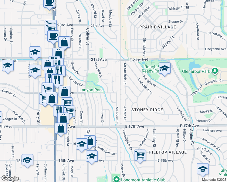 map of restaurants, bars, coffee shops, grocery stores, and more near 1908 Meadow Drive in Longmont