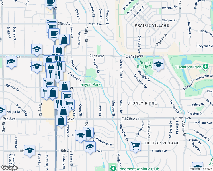 map of restaurants, bars, coffee shops, grocery stores, and more near 1908 Meadow Drive in Longmont