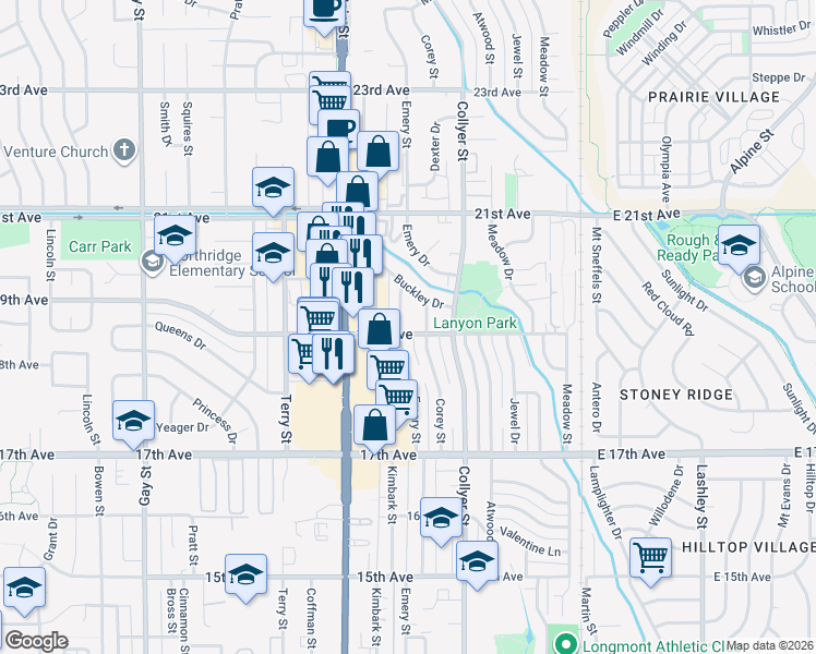 map of restaurants, bars, coffee shops, grocery stores, and more near 1909 Emery Street in Longmont