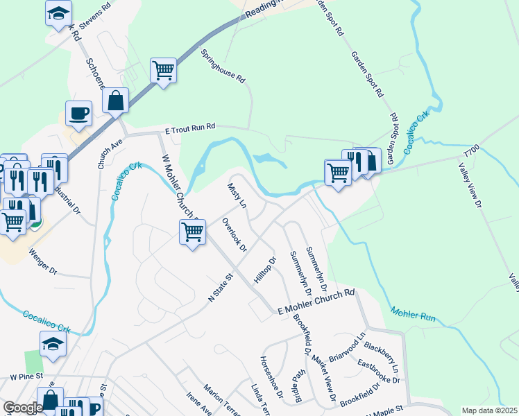 map of restaurants, bars, coffee shops, grocery stores, and more near 10 Creek Lane in Ephrata