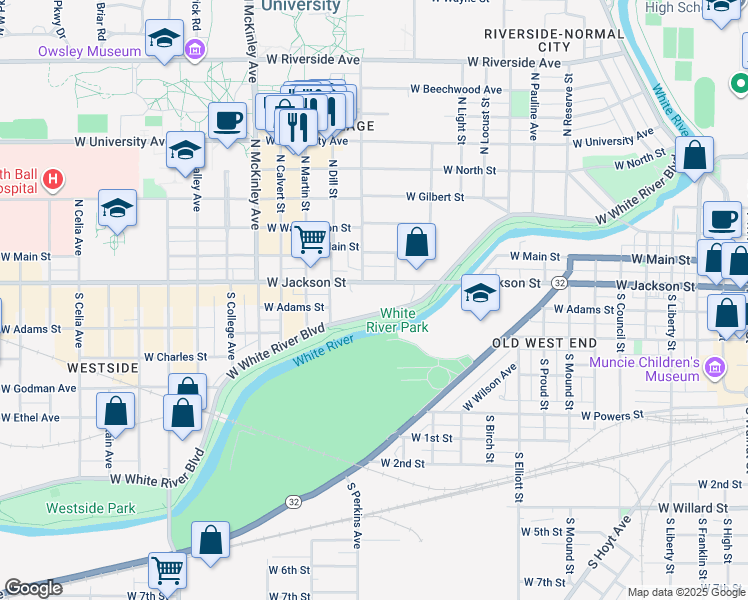 map of restaurants, bars, coffee shops, grocery stores, and more near 1405 1/2 West Jackson Street in Muncie