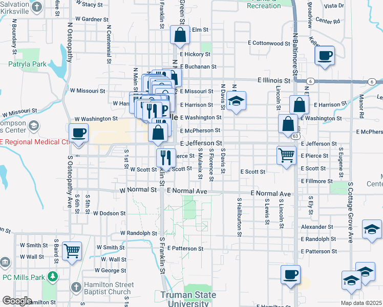 map of restaurants, bars, coffee shops, grocery stores, and more near 401 East Pierce 311 S Mulanix in Kirksville