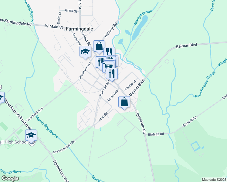 map of restaurants, bars, coffee shops, grocery stores, and more near 7 Boud Avenue in Farmingdale