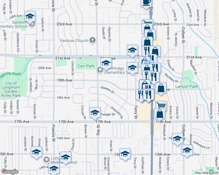map of restaurants, bars, coffee shops, grocery stores, and more near 1027 19th Avenue in Longmont