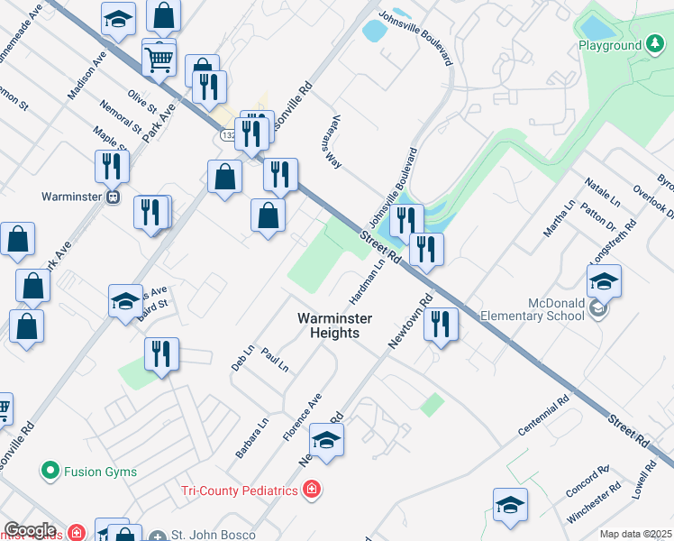 map of restaurants, bars, coffee shops, grocery stores, and more near 253 Lea Lane in Warminster