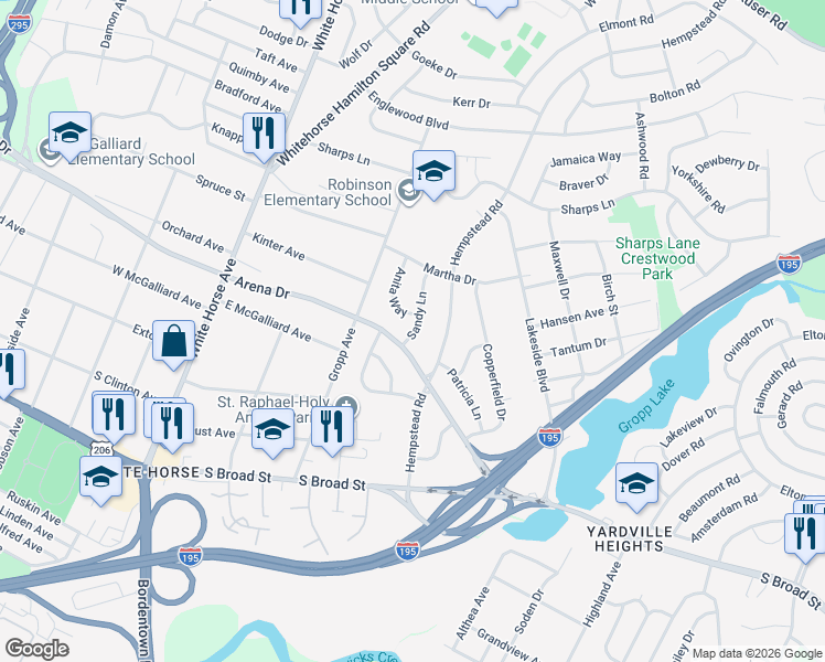 map of restaurants, bars, coffee shops, grocery stores, and more near 10 Sandy Lane in Trenton