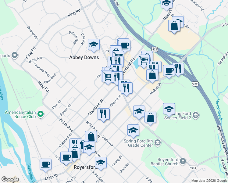 map of restaurants, bars, coffee shops, grocery stores, and more near 802 Chestnut Street in Royersford