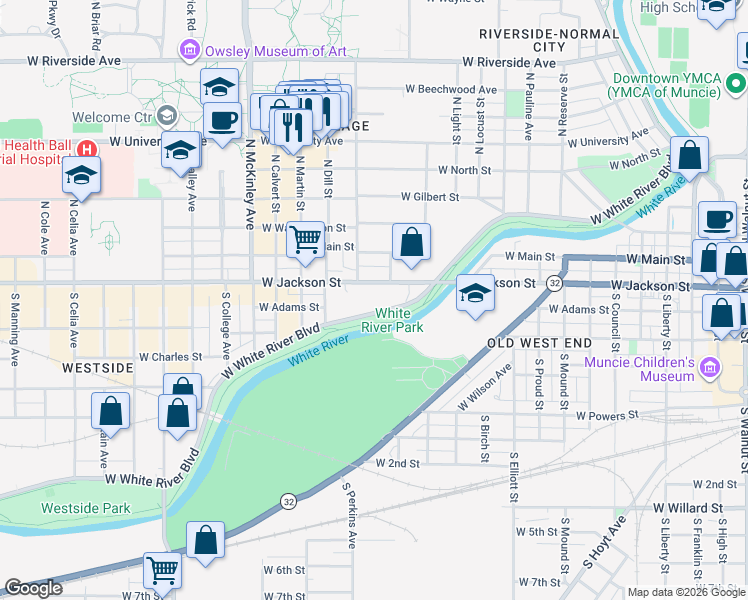 map of restaurants, bars, coffee shops, grocery stores, and more near 1405 1/2 West Jackson Street in Muncie