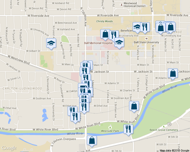 map of restaurants, bars, coffee shops, grocery stores, and more near 206 South Manning Avenue in Muncie