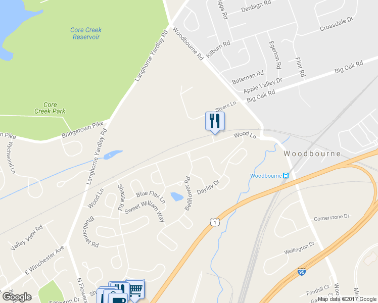 map of restaurants, bars, coffee shops, grocery stores, and more near 621 Bellflower Road in Langhorne