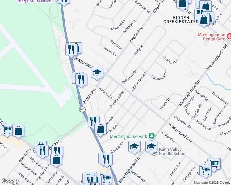map of restaurants, bars, coffee shops, grocery stores, and more near 207 Grant Avenue in Horsham