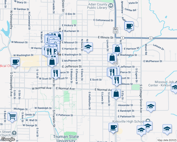 map of restaurants, bars, coffee shops, grocery stores, and more near 623 East Pierce Street in Kirksville