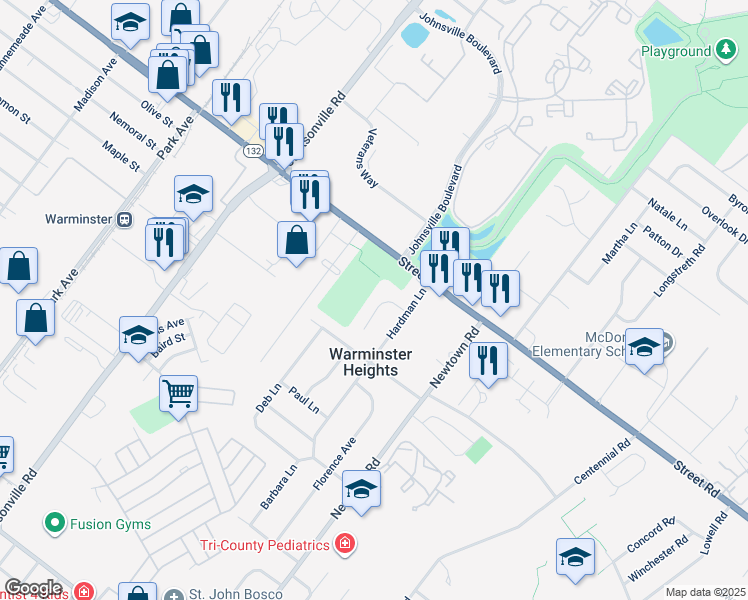 map of restaurants, bars, coffee shops, grocery stores, and more near 253 Lea Lane in Warminster