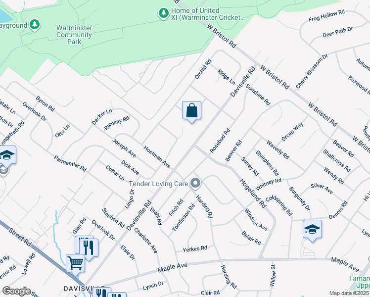 map of restaurants, bars, coffee shops, grocery stores, and more near 1008 Davisville Road in Warminster