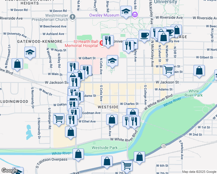 map of restaurants, bars, coffee shops, grocery stores, and more near 209 South Brittain Avenue in Muncie