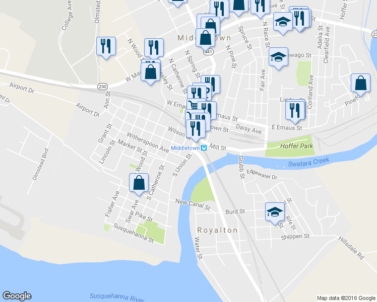 map of restaurants, bars, coffee shops, grocery stores, and more near 4 Ann Street in Middletown