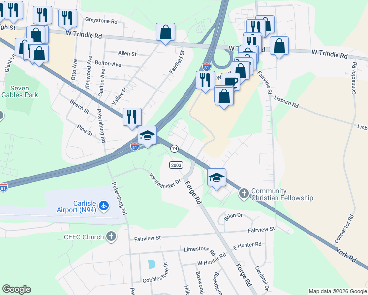 map of restaurants, bars, coffee shops, grocery stores, and more near 317 York Road in Carlisle