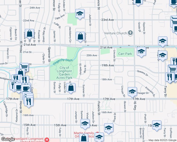 map of restaurants, bars, coffee shops, grocery stores, and more near 1845 Sumner Street in Longmont