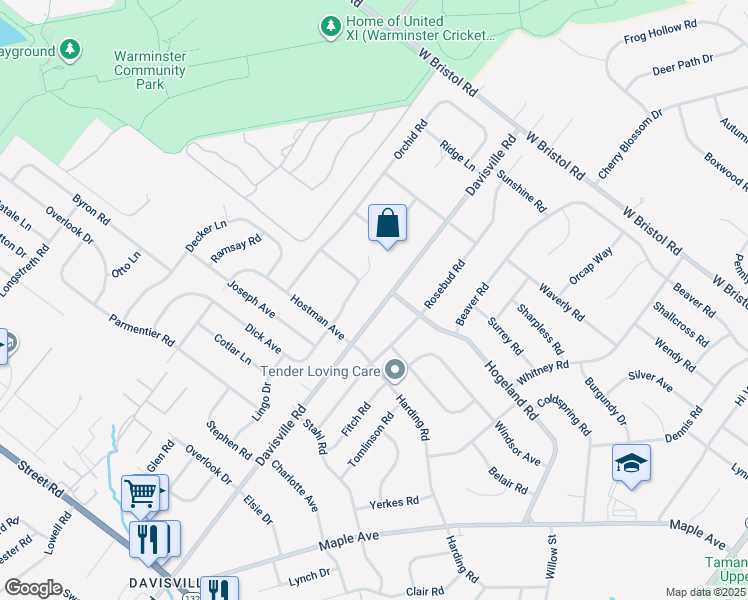 map of restaurants, bars, coffee shops, grocery stores, and more near 1008 Davisville Road in Warminster