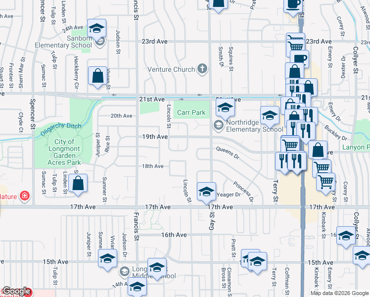 map of restaurants, bars, coffee shops, grocery stores, and more near 1821 Lincoln Drive in Longmont