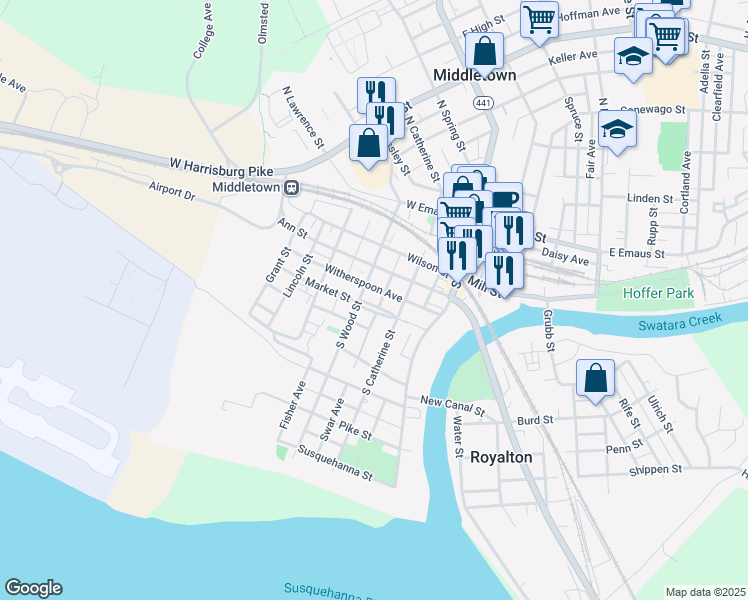 map of restaurants, bars, coffee shops, grocery stores, and more near 149 Market St in Middletown