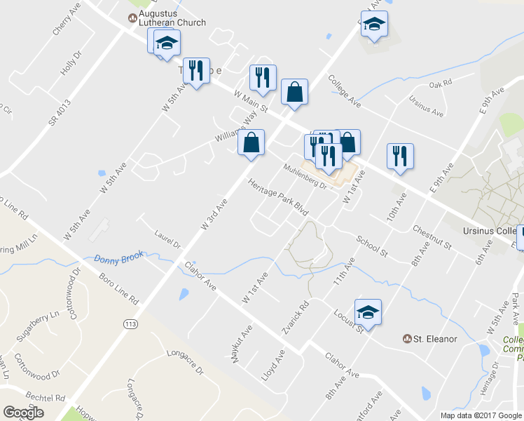 map of restaurants, bars, coffee shops, grocery stores, and more near 165 Royer Dr in Collegeville