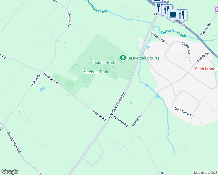 map of restaurants, bars, coffee shops, grocery stores, and more near 1655 Shefley Lane in Collegeville