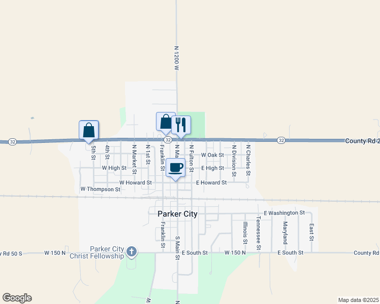map of restaurants, bars, coffee shops, grocery stores, and more near 306 North Fulton Street in Parker City