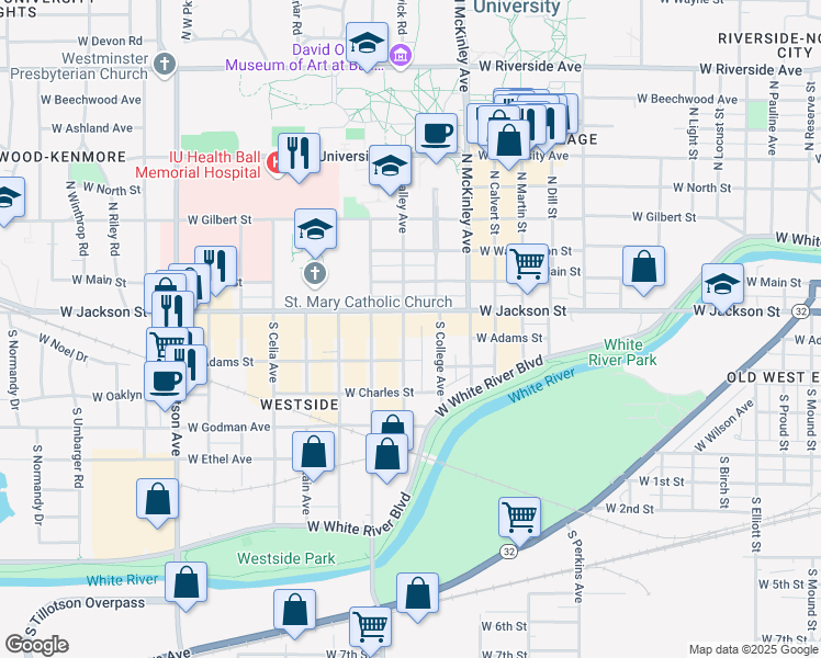 map of restaurants, bars, coffee shops, grocery stores, and more near 202 South Talley Avenue in Muncie