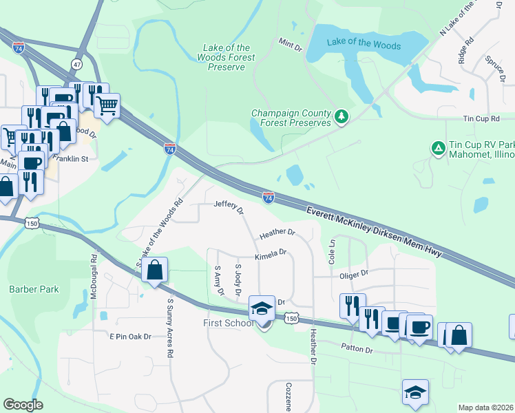 map of restaurants, bars, coffee shops, grocery stores, and more near 1404 Heather Drive in Mahomet