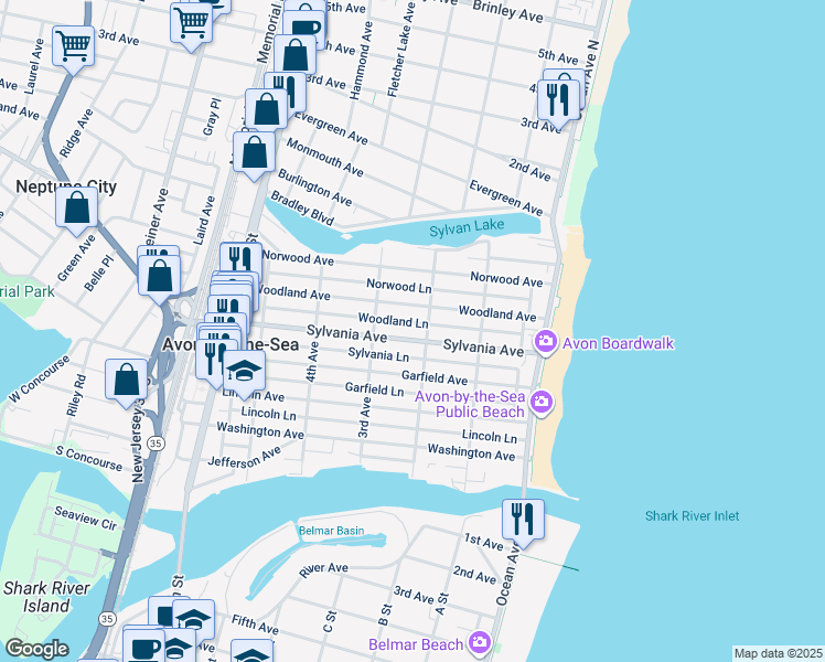 map of restaurants, bars, coffee shops, grocery stores, and more near 210 Sylvania Ave in Avon-by-the-Sea