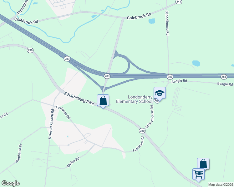 map of restaurants, bars, coffee shops, grocery stores, and more near 2857 East Harrisburg Pike in Middletown