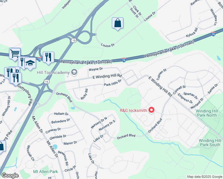 map of restaurants, bars, coffee shops, grocery stores, and more near 607 Lavina Drive in Mechanicsburg