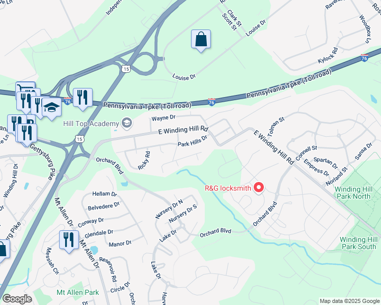 map of restaurants, bars, coffee shops, grocery stores, and more near 607 Lavina Drive in Mechanicsburg