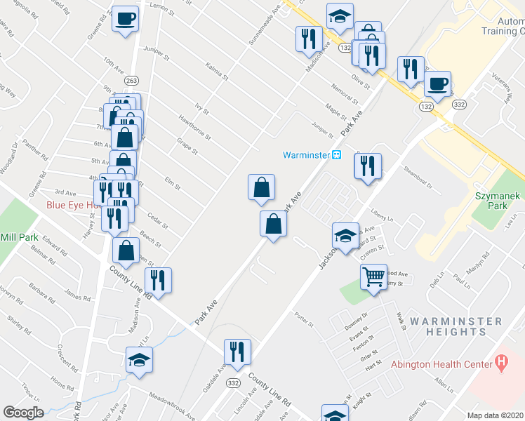 map of restaurants, bars, coffee shops, grocery stores, and more near 300 Park Avenue in Warminster