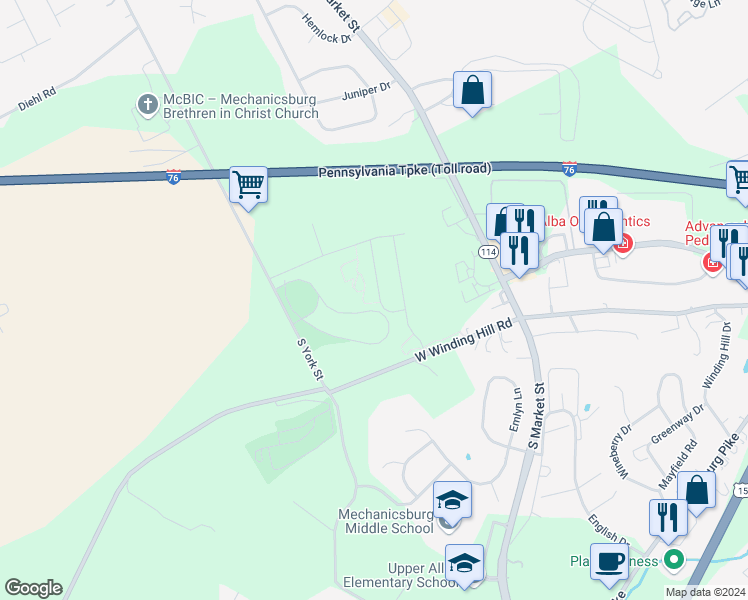 map of restaurants, bars, coffee shops, grocery stores, and more near 1313 Innox Road in Mechanicsburg