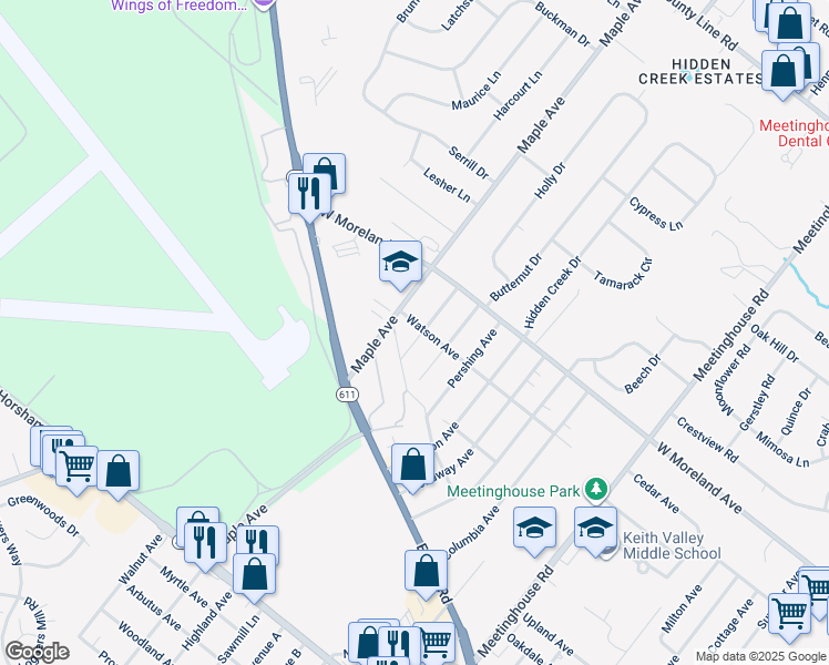 map of restaurants, bars, coffee shops, grocery stores, and more near 212 Wilson Avenue in Horsham
