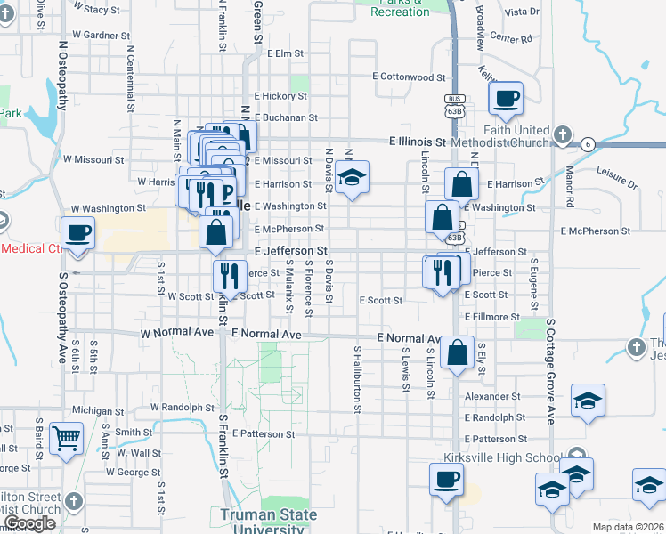 map of restaurants, bars, coffee shops, grocery stores, and more near 601 East Pierce Street in Kirksville