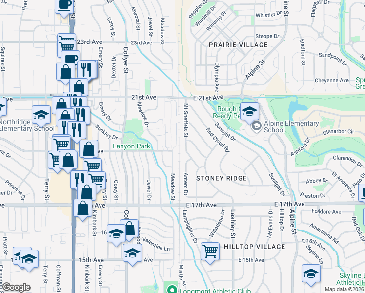 map of restaurants, bars, coffee shops, grocery stores, and more near 1881 Mount Sneffels Street in Longmont
