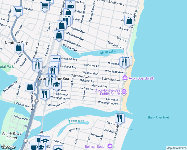 map of restaurants, bars, coffee shops, grocery stores, and more near 210 Sylvania Avenue in Avon-by-the-Sea