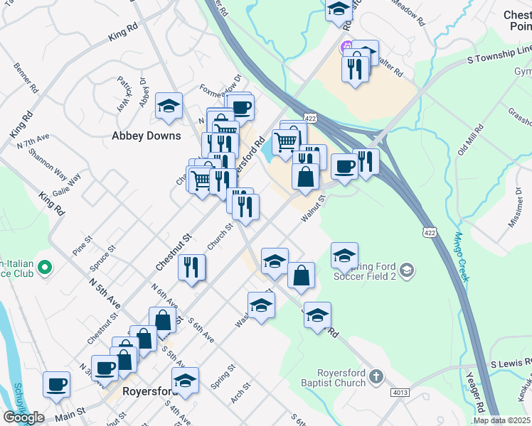 map of restaurants, bars, coffee shops, grocery stores, and more near 901 Main Street in Royersford