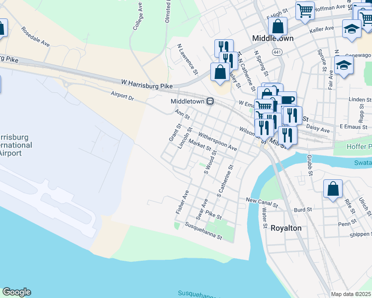 map of restaurants, bars, coffee shops, grocery stores, and more near 320 Market Street in Middletown