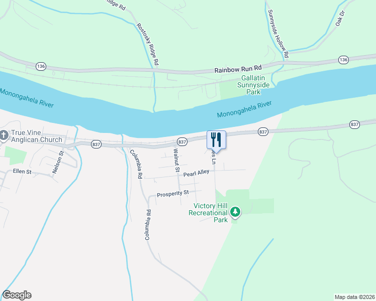 map of restaurants, bars, coffee shops, grocery stores, and more near 12 Chestnut Street in Monongahela